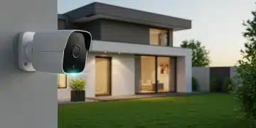 Futuristic home security camera mounted on a modern smart home exterior at dusk, capturing a wide view of the property.