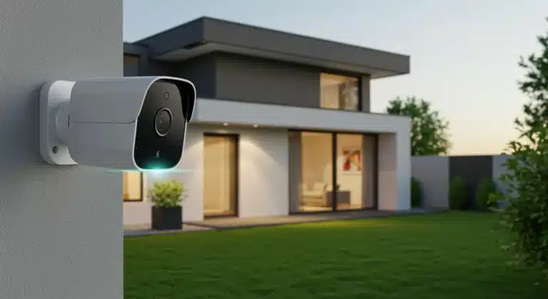 Futuristic home security camera mounted on a modern smart home exterior at dusk, capturing a wide view of the property.