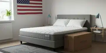 Modern mattress unrolling from box in a bright US bedroom