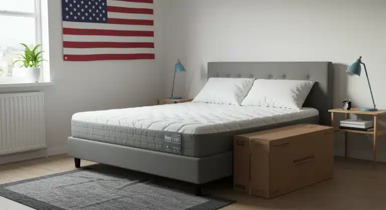Modern mattress unrolling from box in a bright US bedroom