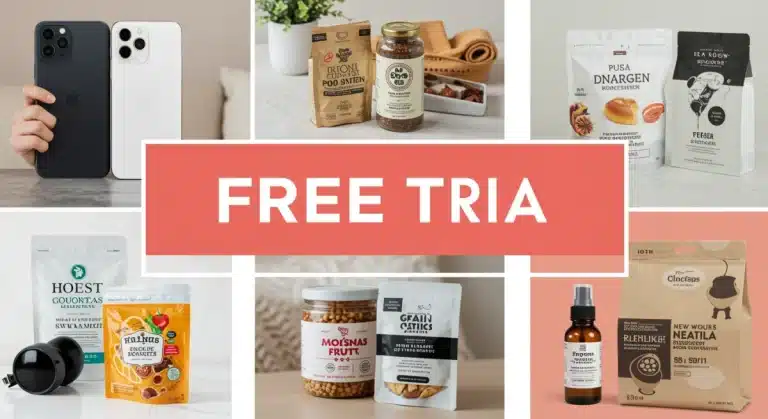 Vibrant collage of subscription box items from new free trial lifestyle subscriptions launched in late 2025, emphasizing discovery and modern living.