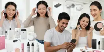 People happily testing various new lifestyle products, such as electronics, cosmetics, and fashion items.