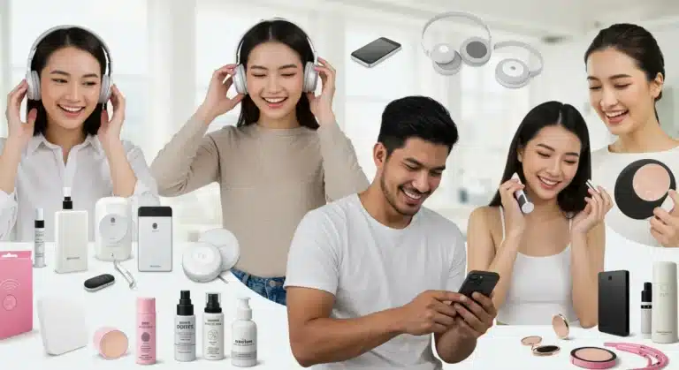 People happily testing various new lifestyle products, such as electronics, cosmetics, and fashion items.