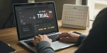 Person extending free trial on laptop in home office