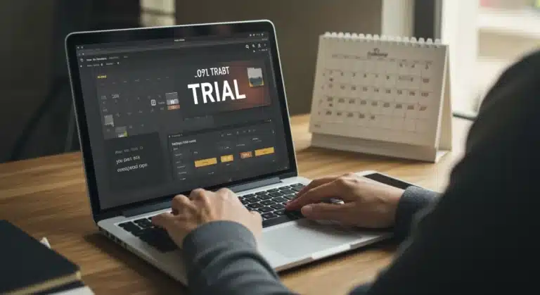 Person extending free trial on laptop in home office
