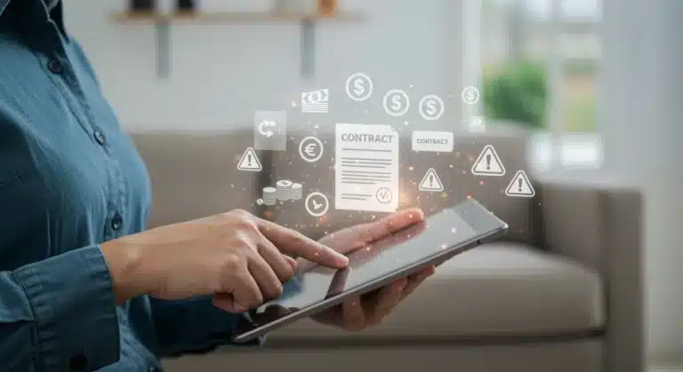 Person carefully reviewing US free trial terms and conditions on a tablet to avoid hidden costs in 2025.