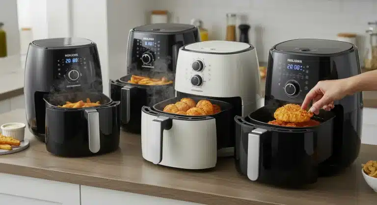 Four popular air fryers on a kitchen counter, showcasing their performance in 2025