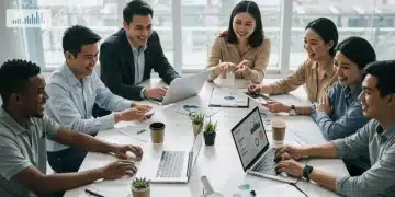 Professionals collaborating using various productivity tools on laptops and tablets in a modern office setting.