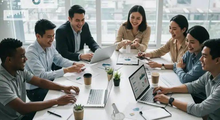 Professionals collaborating using various productivity tools on laptops and tablets in a modern office setting.