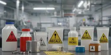 Illustration of various recalled products with warning labels, symbolizing a surge in product safety issues.