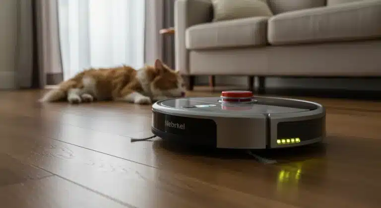 Robot vacuum effectively cleaning pet hair from a living room floor