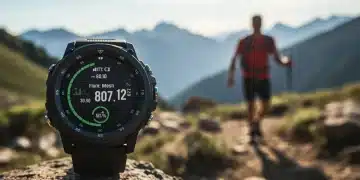 Rugged smartwatch on a wrist during a mountain hike, displaying fitness data