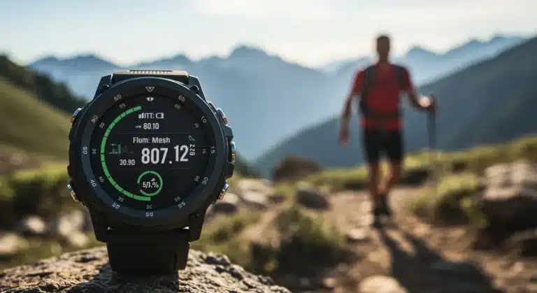 Rugged smartwatch on a wrist during a mountain hike, displaying fitness data