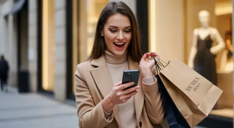 Woman finding secret designer fashion sales on her phone