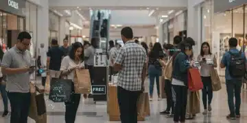 Shoppers navigating a modern US mall, symbolizing the impact of 2025 free trial policy changes on consumer behavior.
