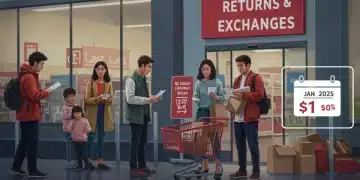 Shoppers contemplating new return and warranty policies at a retail store entrance, effective January 2025, with a calendar overlay.