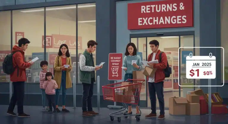 Shoppers contemplating new return and warranty policies at a retail store entrance, effective January 2025, with a calendar overlay.