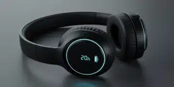 Sleek black noise-canceling headphones with 20-hour battery life on a grey surface.