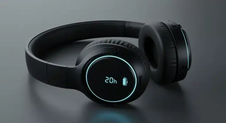 Sleek black noise-canceling headphones with 20-hour battery life on a grey surface.