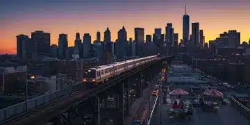 Dynamic cityscape with modern transportation and people enjoying leisure, representing smart domestic travel in 2025.