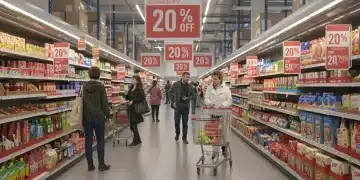 Shoppers in a brightly lit supermarket aisle with '20% Off' signs on essential groceries, reflecting improved supply chains.