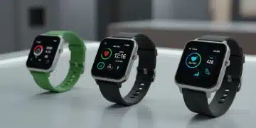 Three modern smartwatches displaying fitness data on a desk