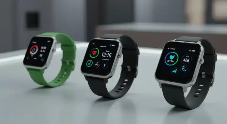 Three modern smartwatches displaying fitness data on a desk