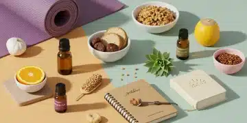 Arrangement of wellness and self-care items like a yoga mat, essential oils, and healthy snacks, symbolizing smart savings and a balanced lifestyle.