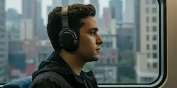 Commuter wearing modern noise-canceling headphones on a busy US train