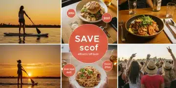 Diverse lifestyle experiences with overlaid savings icons