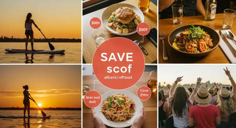 Diverse lifestyle experiences with overlaid savings icons