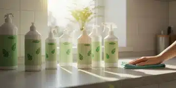 Assortment of eco-friendly cleaning products on a clean kitchen counter in a modern US home, emphasizing sustainability and effectiveness.