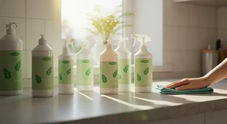 Assortment of eco-friendly cleaning products on a clean kitchen counter in a modern US home, emphasizing sustainability and effectiveness.