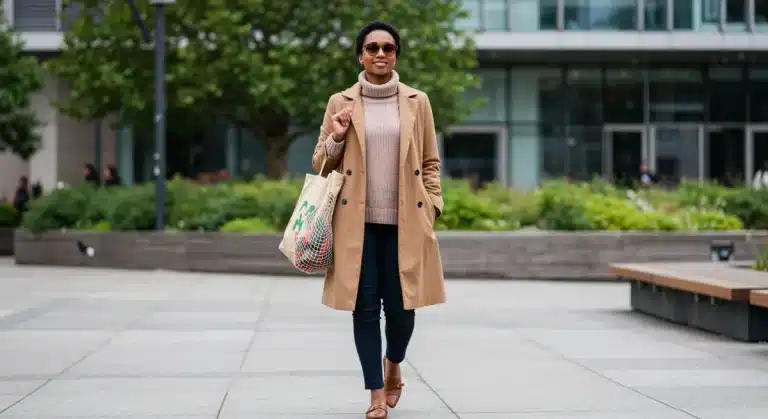 Woman confidently showcasing smart fashion choices, embodying budget-friendly style