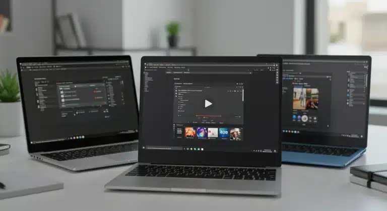 Three budget laptops under $500 for 2025, showcasing their screens and keyboards on a desk.