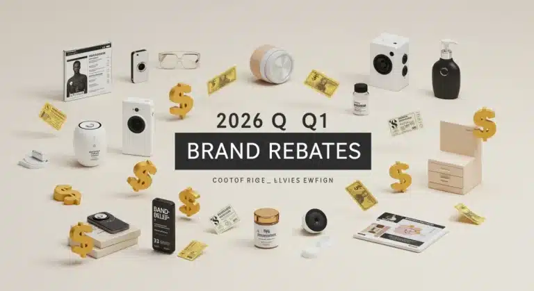 Illustration of premium lifestyle goods with rebate coupons for 2026 Q1 savings.