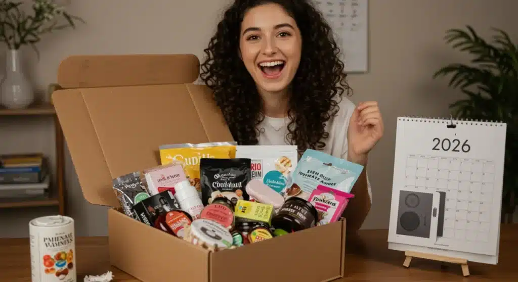 Person unboxing a 2026 subscription box with lifestyle essentials