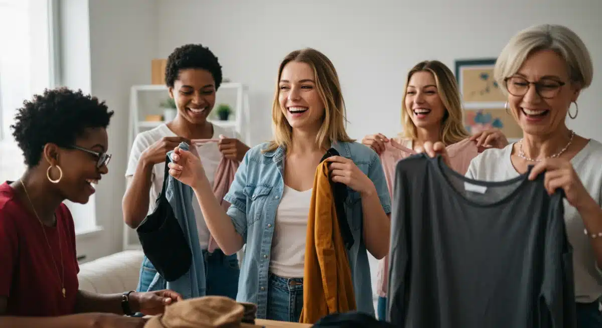 Friends participating in a clothing swap event
