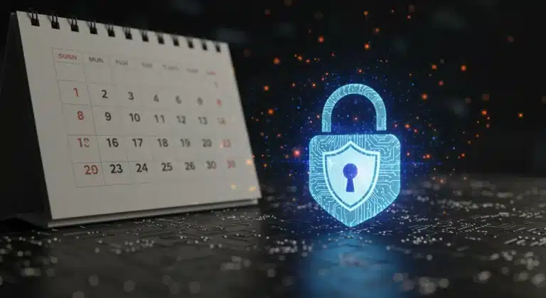 Digital padlock representing data security against a circuit board, symbolizing new data privacy regulations enforced from Q3 2024 and steps for 2025.
