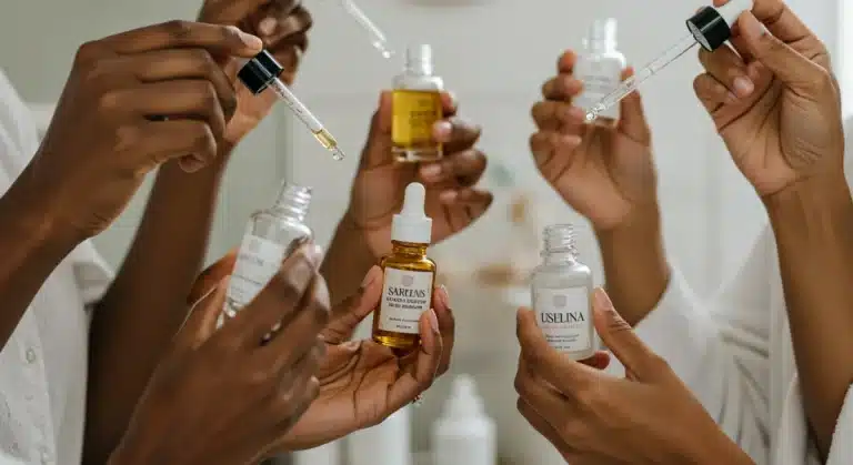 Hands applying various sensitive skin serums to faces, emphasizing gentle care and product texture.