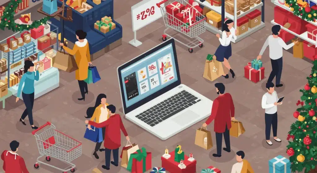 Diverse shoppers navigating holiday retail environments, blending online and in-store experiences, reflecting evolving consumer behavior trends.