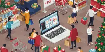 Diverse shoppers navigating holiday retail environments, blending online and in-store experiences, reflecting evolving consumer behavior trends.