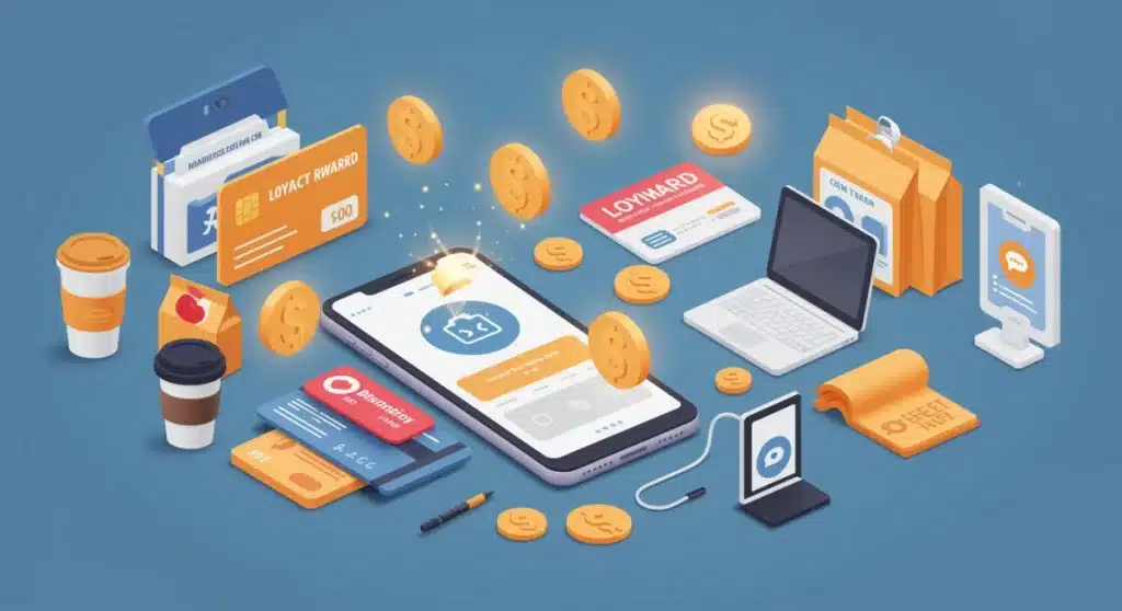 Illustration of loyalty cards and rewards app for maximizing purchases