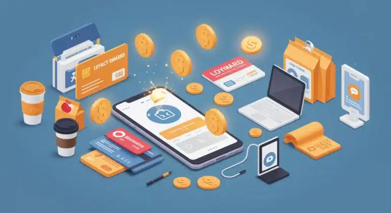 Illustration of loyalty cards and rewards app for maximizing purchases