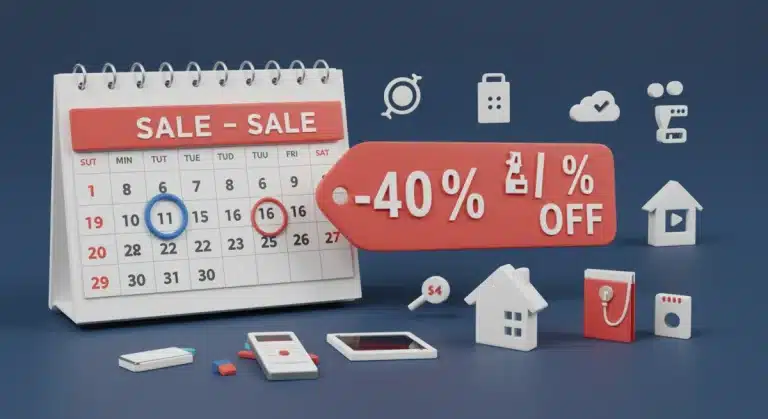 Calendar with marked sale dates and various discounted lifestyle products, symbolizing smart shopping plans for 2026.