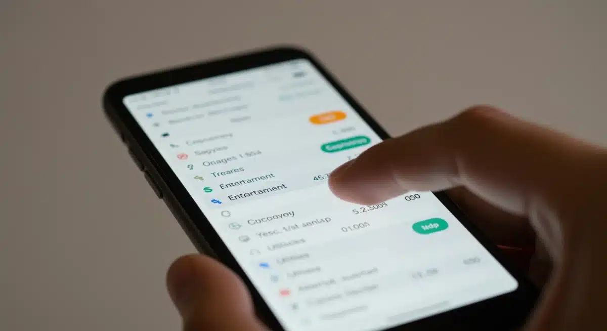 Smartphone showing expense tracking in a budgeting app, categorizing daily spending.