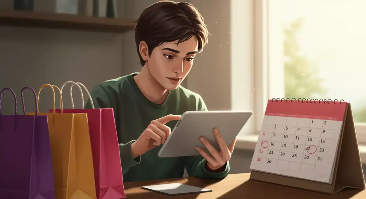 Person comparing prices online for seasonal sales, surrounded by shopping bags.