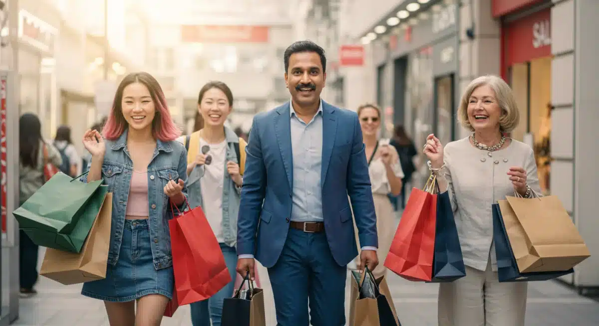 Happy shoppers leaving a store with purchases during a seasonal sale event.
