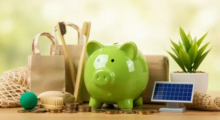 Green piggy bank surrounded by sustainable items, representing financial savings through eco-friendly living.