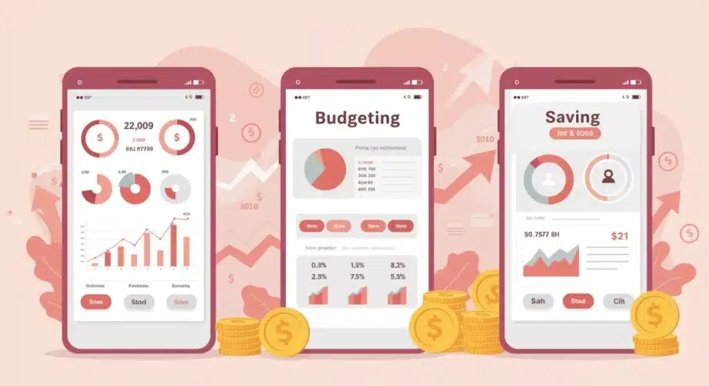 Illustration of top 3 smart lifestyle budgeting apps on phone screens with savings graphics.